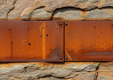 Rusty Metal Plate on Stone Wall