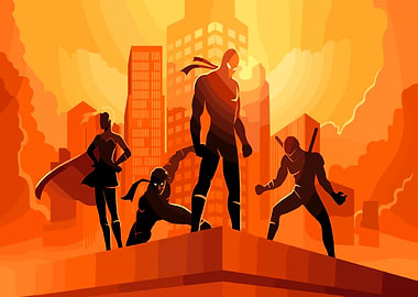 Superhero Team in Cityscape Silhouette