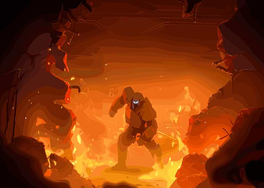 Armored Figure in Fiery Environment