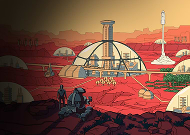 Mars Colony Illustration with Rocket Launch