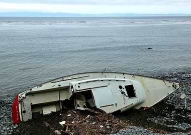 Wrecked Boat on Rocky Shoreline