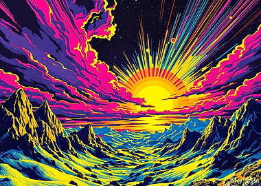 Vibrant Mountain Landscape with Sunburst