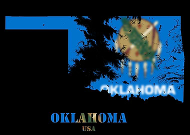 Oklahoma USA state Topographic Contour Relief Map blending terrain features into its emblematic colorful flag