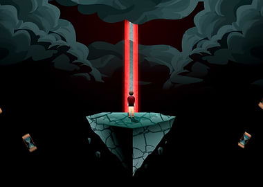 Man on Floating Island with Red Beam