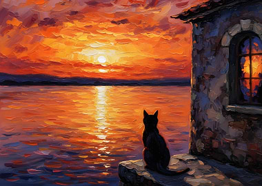 Cat Watching Sunset by the Sea