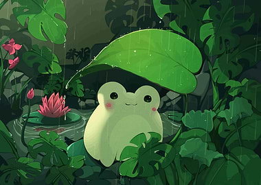 Cute Frog Under Leaf Rain
