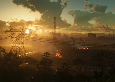 Burning Fields at Sunset