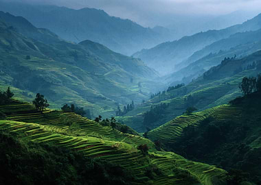 Green Terraced Rice Fields Landscape