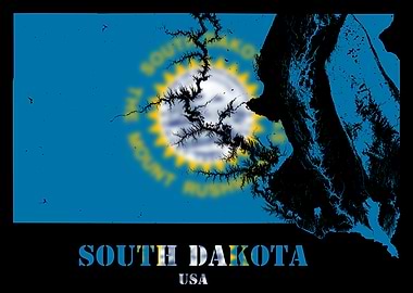 South Dakota Topographic Contour Relief Map blending terrain features into its emblematic colorful flag USA