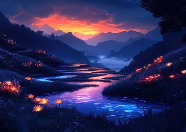 Dreamy Bioluminescent landscape at sunset