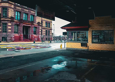Cityscape with City Hall and Gas Station