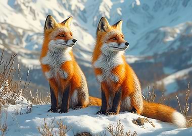 Two Foxes in Snowy Mountains