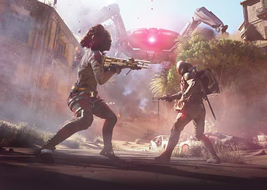 Futuristic Battle Scene with Giant Robot