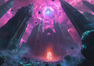 Cosmic mystical Cathedral Under Vortex Sky