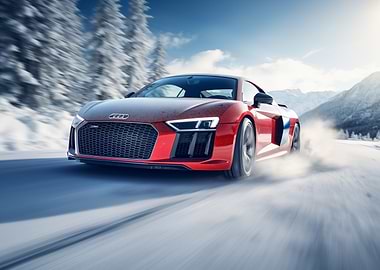 Red car in Winter Landscape