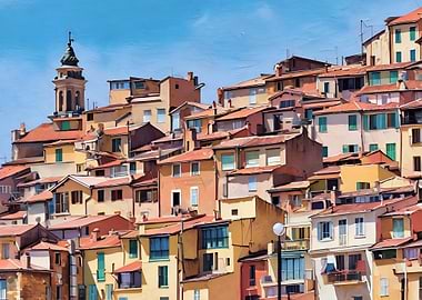 French Riviera Colorful Hillside Village Painting