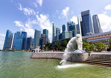 Singapore Skyline with Merlion Statue