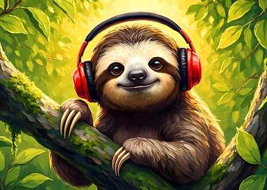 Smiling Sloth with Headphones in the Jungle