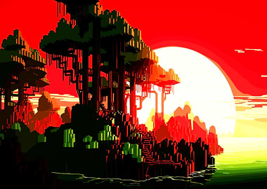 Sunset Landscape with Trees and Stairs