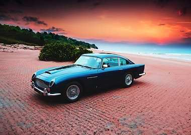 Blue Classic Car on Beach at Sunset