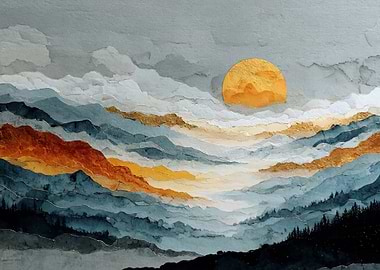 Watercolor Mountain Landscape with Golden Sun