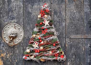 Christmas Tree Decoration on Wooden Door