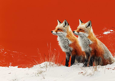 Two Foxes in Snow, Orange Background