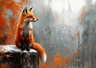 Fox in Winter Forest Painting