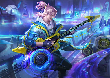 Futuristic Guitarist in Cyberpunk Cityscape