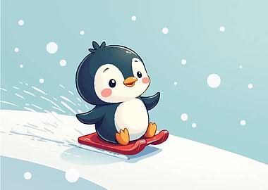 Cartoon Penguin Sledding in the Snow
