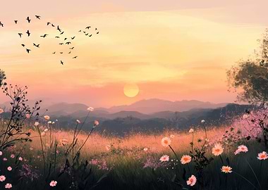 Sunset Meadow with Birds