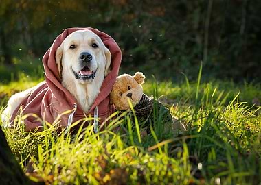 Dog in Hoodie with Teddy Bear