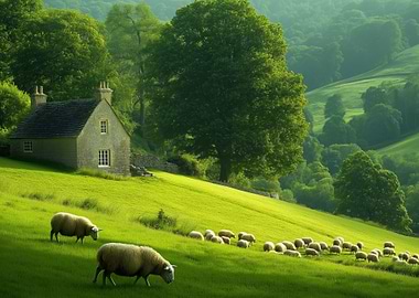 Idyllic Countryside with Sheep and Cottage