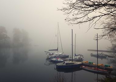 Misty Lake with Boats, Poland