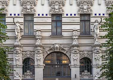 Art Nouveau Building Facade with Statues. Alberta street 2A, Riga, Latvia.