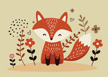 Cute Cartoon Fox with Floral Elements