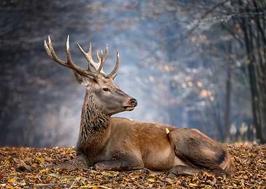Resting Deer in Autumn Forest