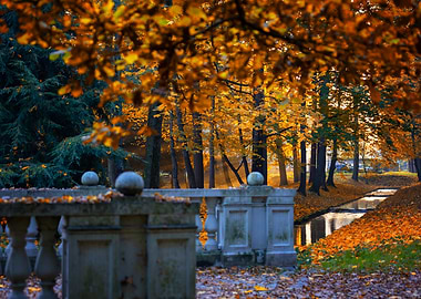 Autumn Park Scene with Stone Bridge