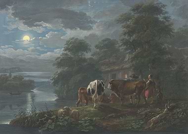 Moonlit landscape by a river