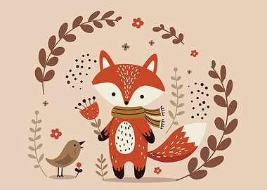 Cute Fox with Bird and Flowers
