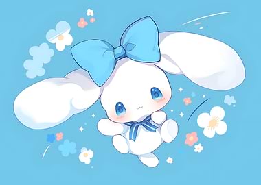 Cinnamoroll with Flowers on Blue Background