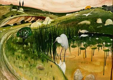 Egrets in a Wetland Landscape Painting