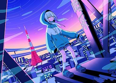 Anime Girl in Tokyo Cityscape