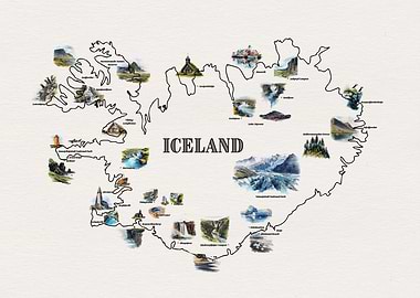 Iceland Map with Landmarks Illustration