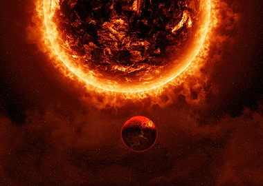 Fiery Sun and Planet in Space