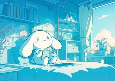 Cinnamoroll reading in a blue room