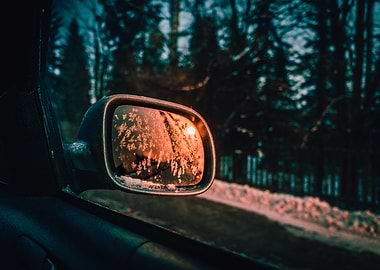 Frosted Car Mirror at Sunrise
