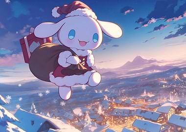 Cinnamoroll Santa over snowy village