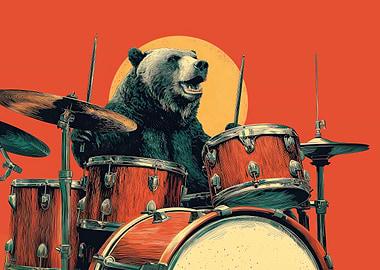 Drummer Bear — Retro Rock Poster, Grizzly Playing Vintage Drum Kit, Bold Music Wall Art