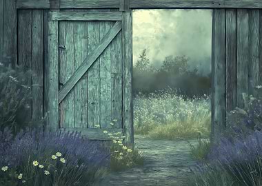 Rustic Barn Door with Lavender Field